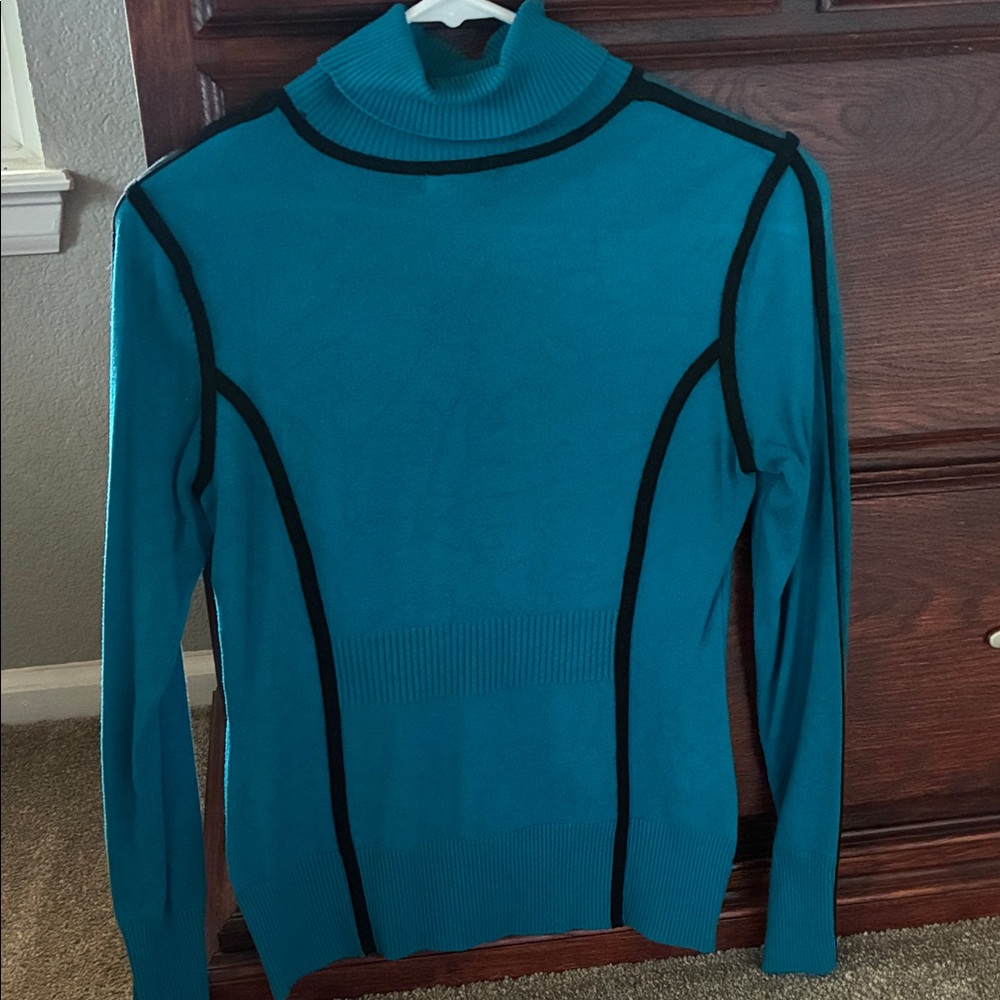 Cache Teal and Black Turtleneck Sweater - Picture 2 of 3